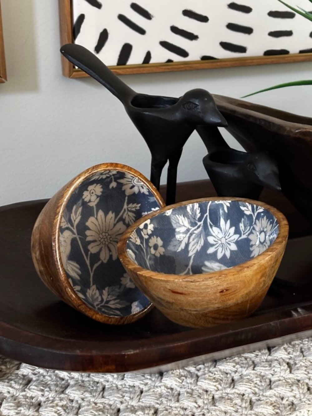 Wood Bowl Set of 2 Blue White Floral Glossy Interior Boho Farmhouse Decor